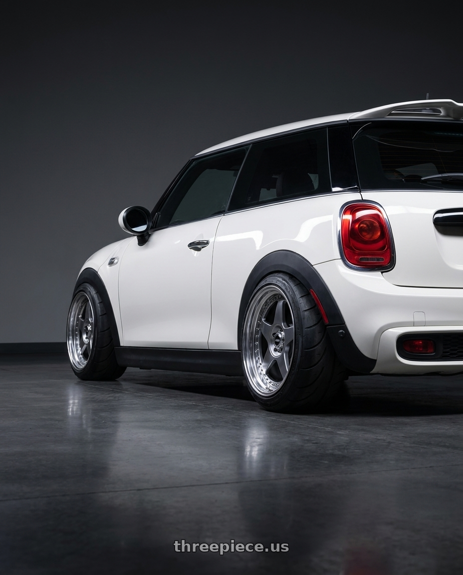 2017 mini cooper with SSR Professor SP6 5x112 18X7.5+43 SL Disk Titan Silver wheels rear three quarter view meaty tires