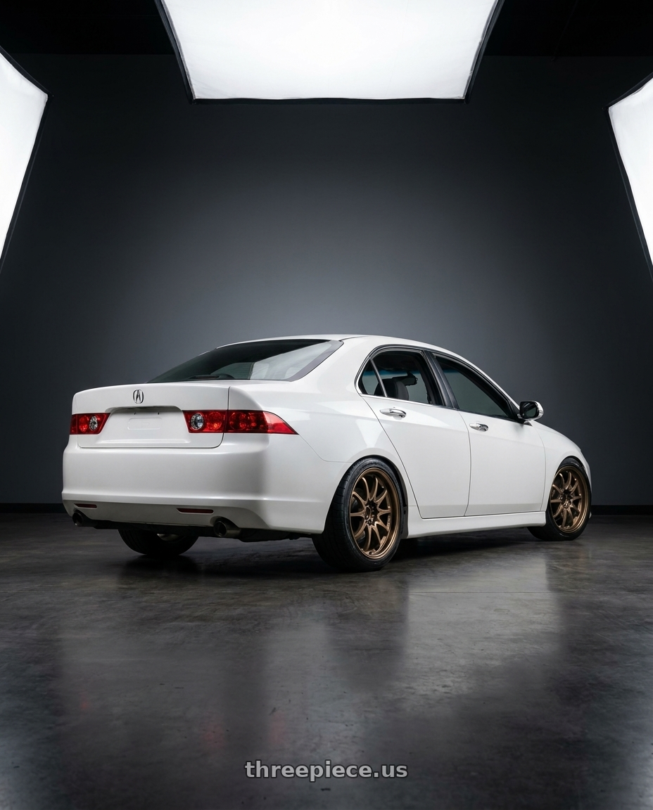 2007 acura tsx with Volk Racing CE28N-PLUS 5x114.3 17x8 +38 SHINING BRONZE METAL wheels rear three quarter view square tires