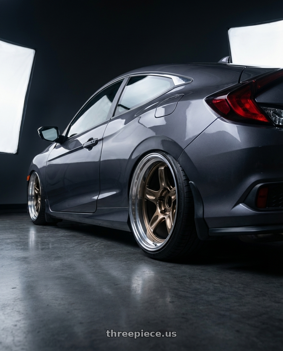 2019 honda civic coupe with Volk Racing 21C SPEC-SR 5x114.3 18x10.5 +15 SHINING BRONZE METAL / RIM DC wheels rear three quarter view square tires