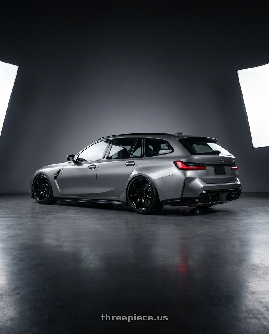 2025 Bmw G81 with Advan RGIII 5x112 19x8.5+45 Gloss Black wheels rear three quarter view slight stretch tires