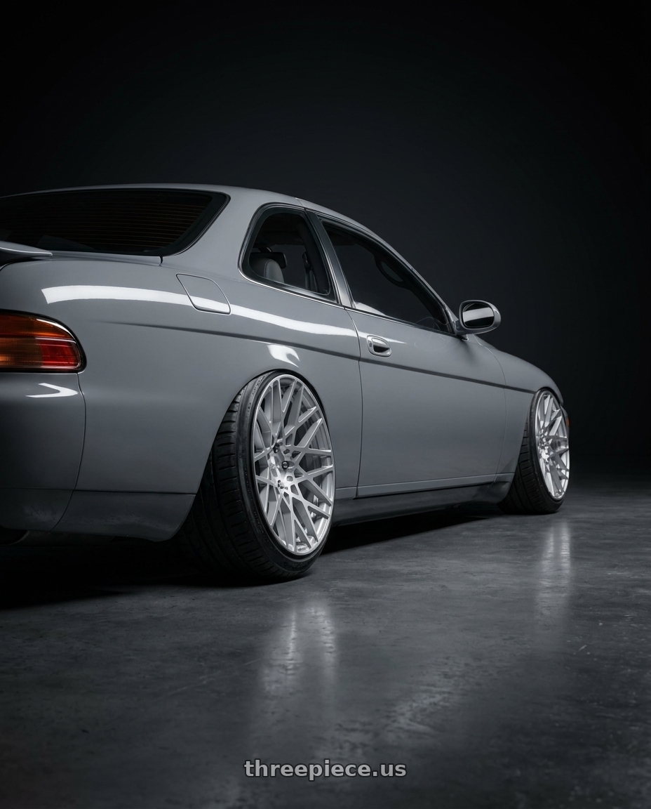 1992 LEXUS SC400  with Rotiform 1PC R110 BLQ 5X112 18X8.5 +35 GLOSS SILVER MACHINED wheels rear three quarter view extreme stretch tires