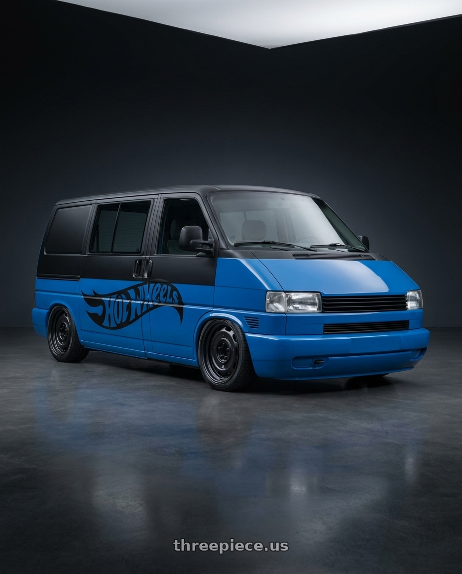 1997 vw T4 kombi, no front logo, 2025 peugeot 3008 blue and Matte Black, The car has a large matte black Hot Wheels logo on the side,rims color are chrome. with Mobelwagen MW512B Interceptor 5X112 16x7.5 23 Black wheels