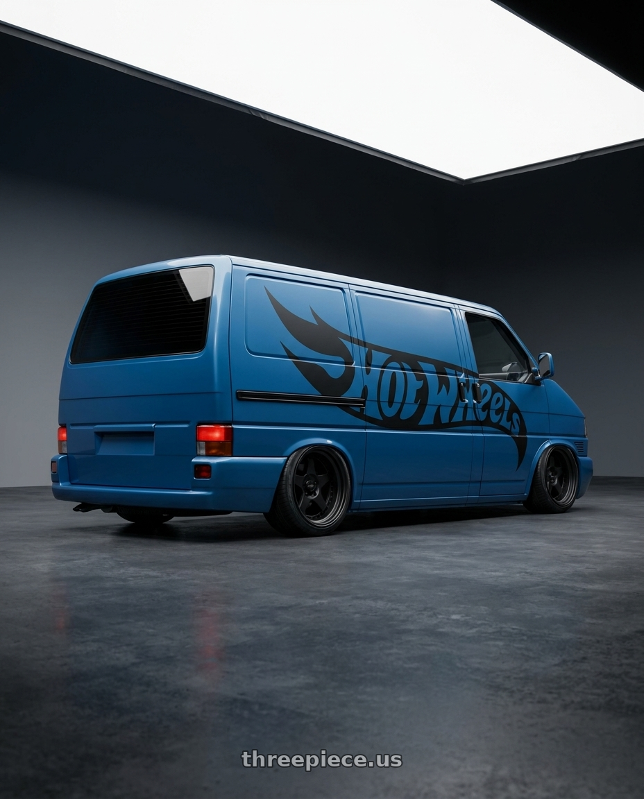 1997 vw T4 kombi, no front logo, 2025 peugeot 3008 blue and Matte Black, The car has a large matte black Hot Wheels logo on the side,rims color are chrome. with Mobelwagen MW512B Interceptor 5X112 16x7.5 23 Black wheels rear three quarter view extreme stretch tires