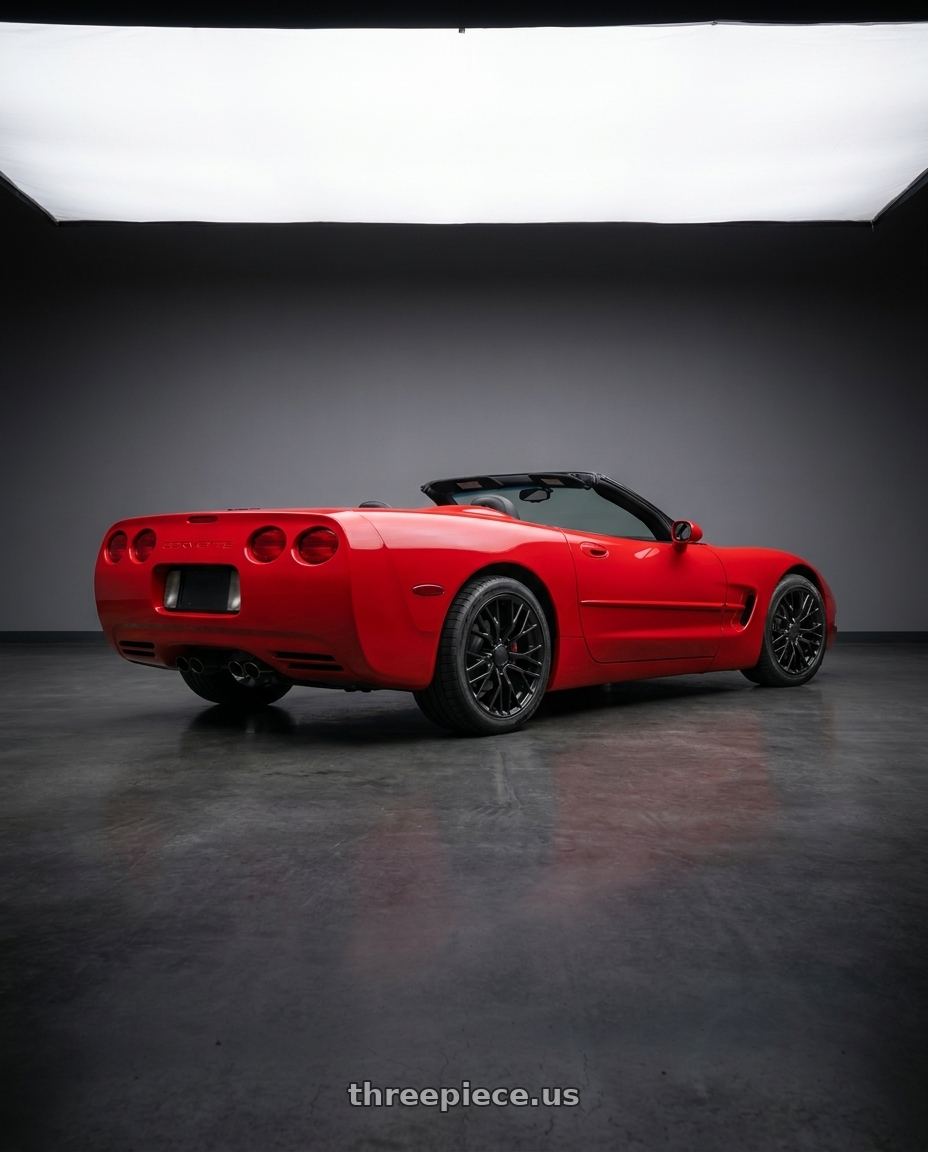 2000 Chevy Corvette with OE Wheels CV22B 5x120.65 18x8.5+56 Satin Black wheels rear three quarter view square tires
