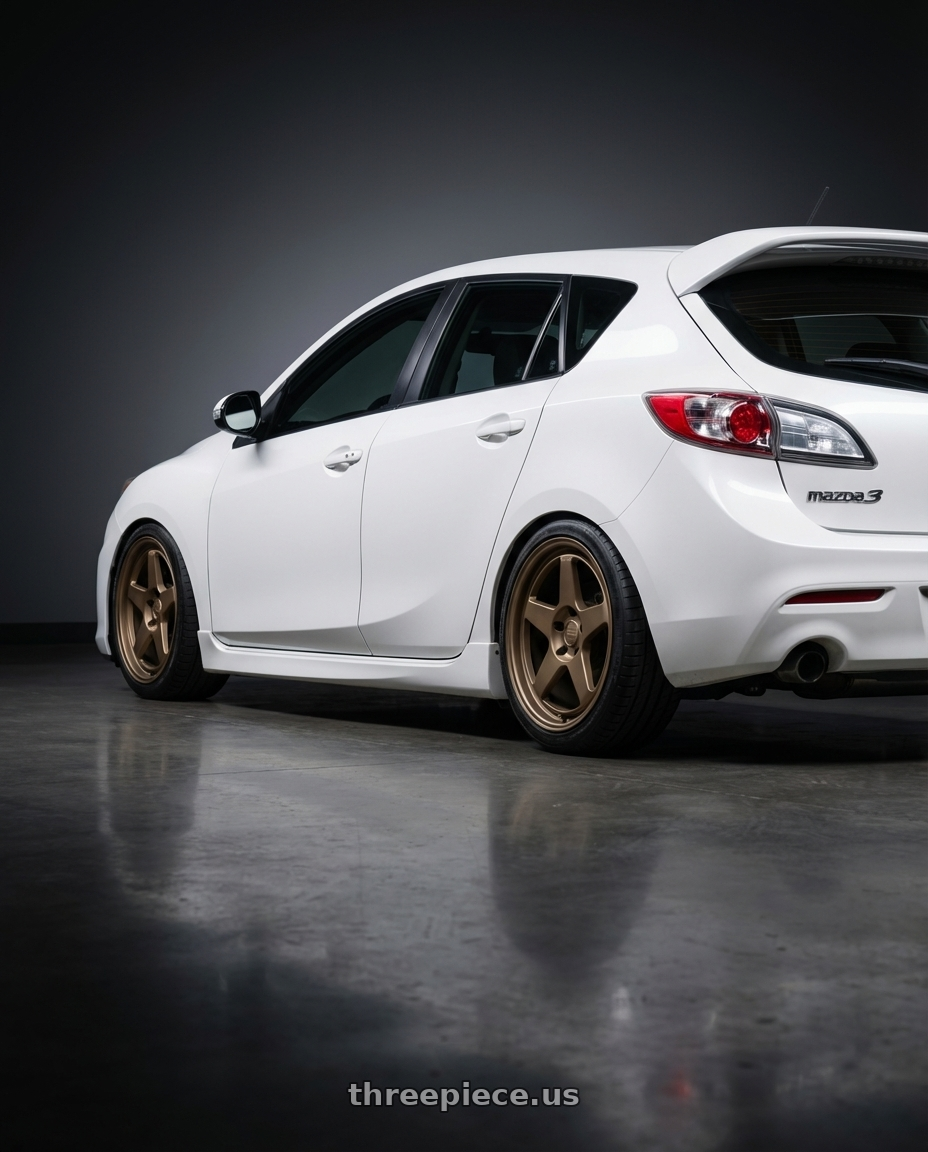 2012 Mazda Mazdaspeed3 with Kansei K12B KNP 5x114.3 18x9 12 Bronze wheels rear three quarter view square tires