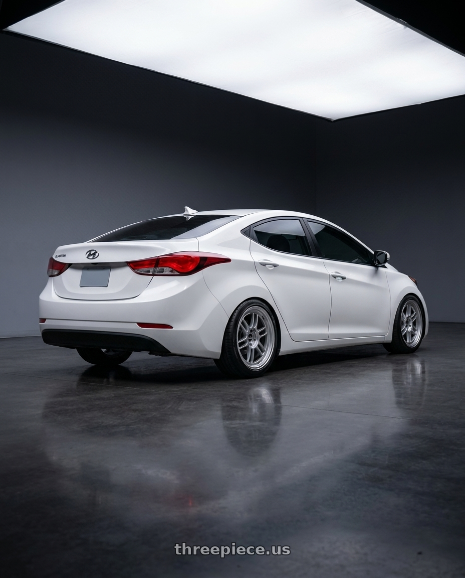 2014 hyundai elantra white with Enkei RPF1 5x114.3 18x8+35 Silver wheels rear three quarter view slight stretch tires