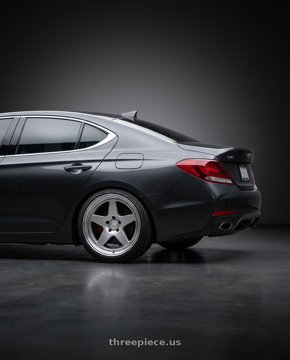 2019 Genesis g70 with Kansei K12H KNP 5X100 18x10.5 12 Hyper Silver wheels rear three quarter view extreme stretch tires