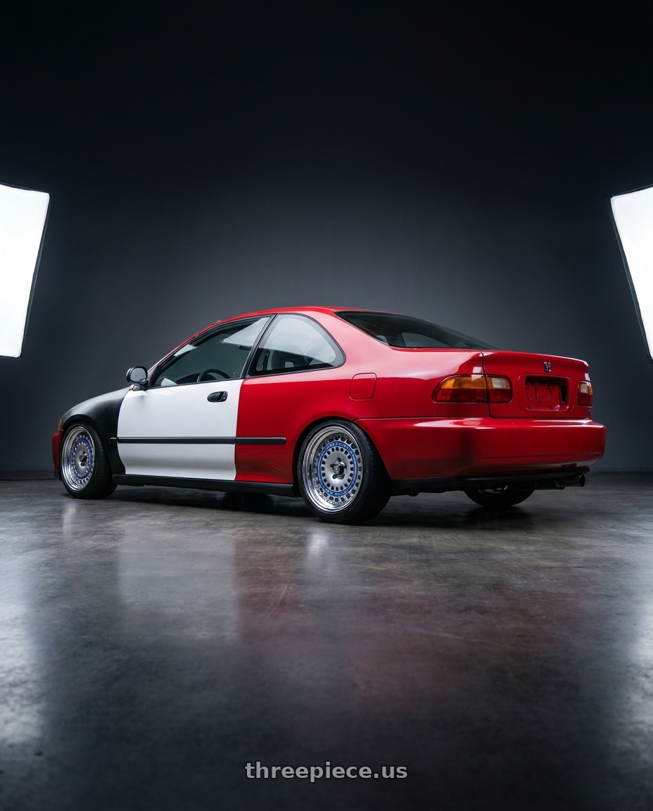 1994 honda civic ex with FORMULA AERO MESH 4x100 16X7+38 NR Disk Titan Silver wheels rear three quarter view slight stretch tires