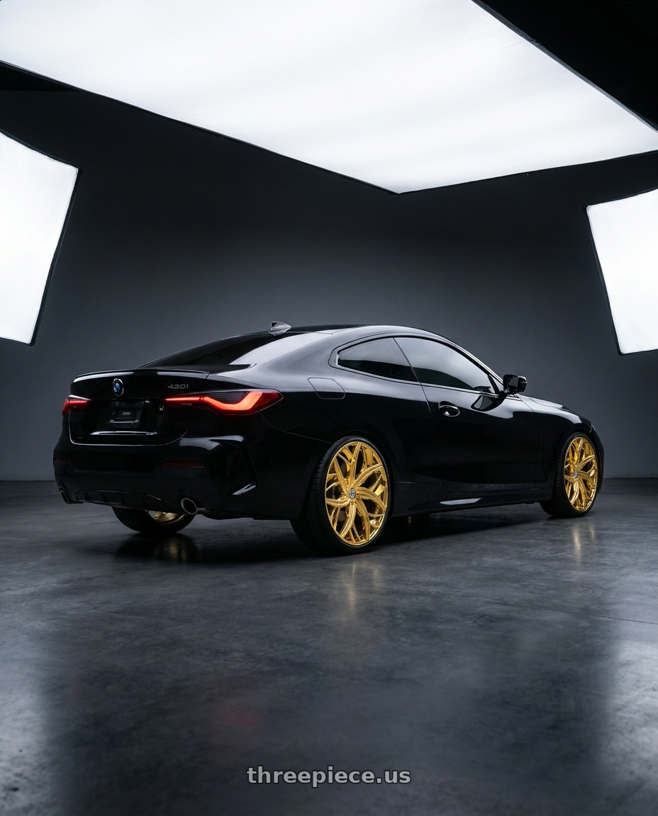2020 bmw 430i with Azara AZA-541 5x108/5x114.3 20x8.5 +35 Nano Gold wheels rear three quarter view square tires
