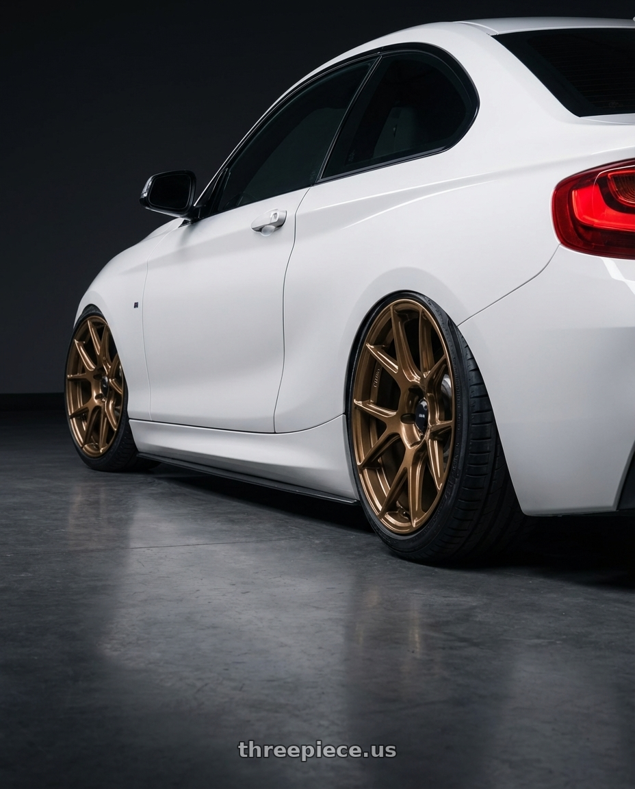2018 BMW 2 Series F22 with Konig Ampliform 5x120 19x8.5+32 Gloss Bronze wheels rear three quarter view slight stretch tires