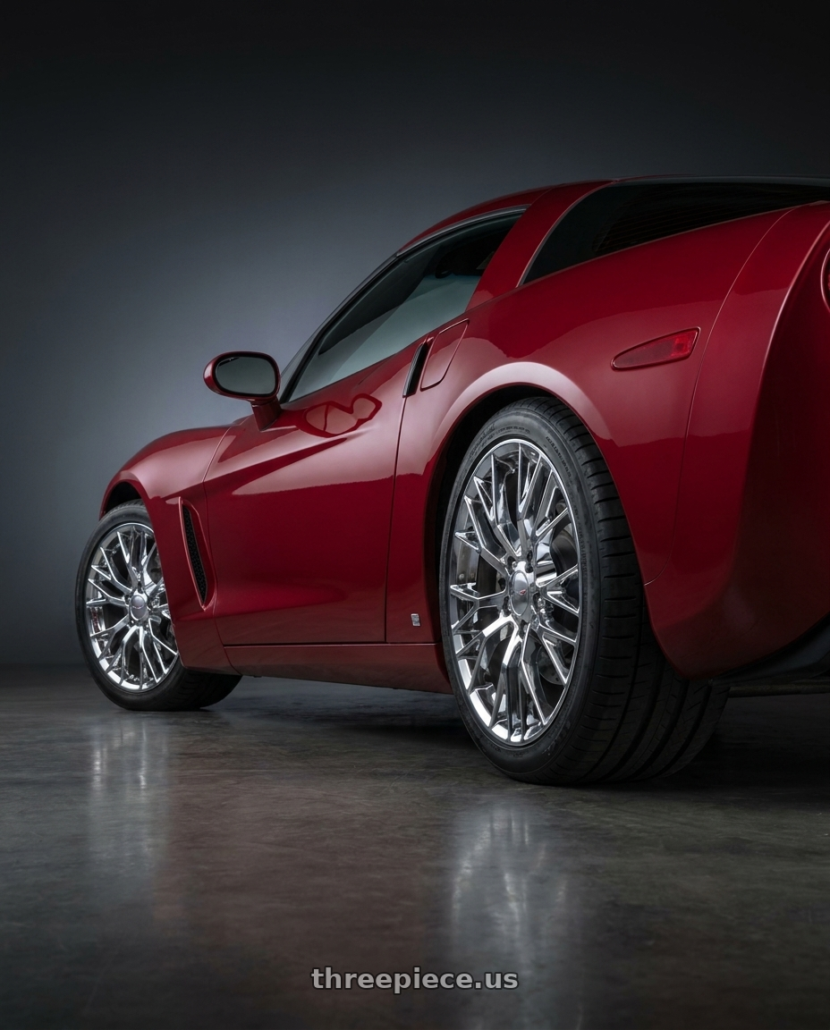 2008 Chevrolet corvette with OE Wheels CV22B 5x120.65 18x8.5+56 Chrome wheels rear three quarter view square tires