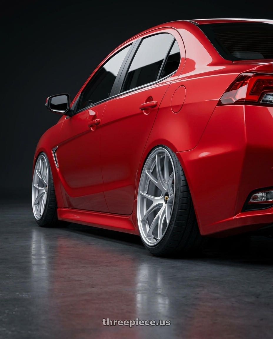 2017 Mitsubishi Grand Lancer 霓光紅  with BBS RI-A 5x120 18x10.5+25 Diamond Silver wheels rear three quarter view extreme stretch tires