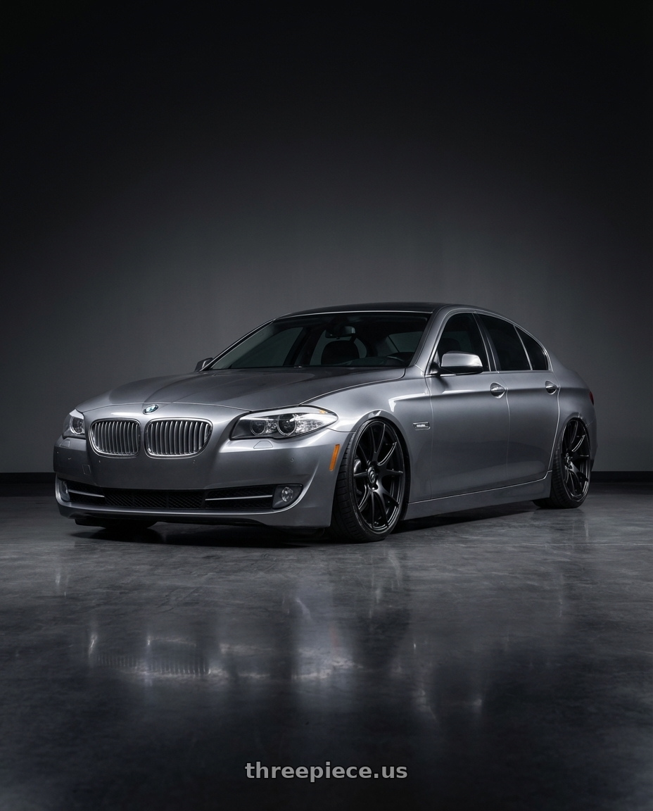 2016 BMW 5 Series F10 with Forgestar CF5V 5x120 20x12 +52 Satin Black wheels front three quarter view stanced stance