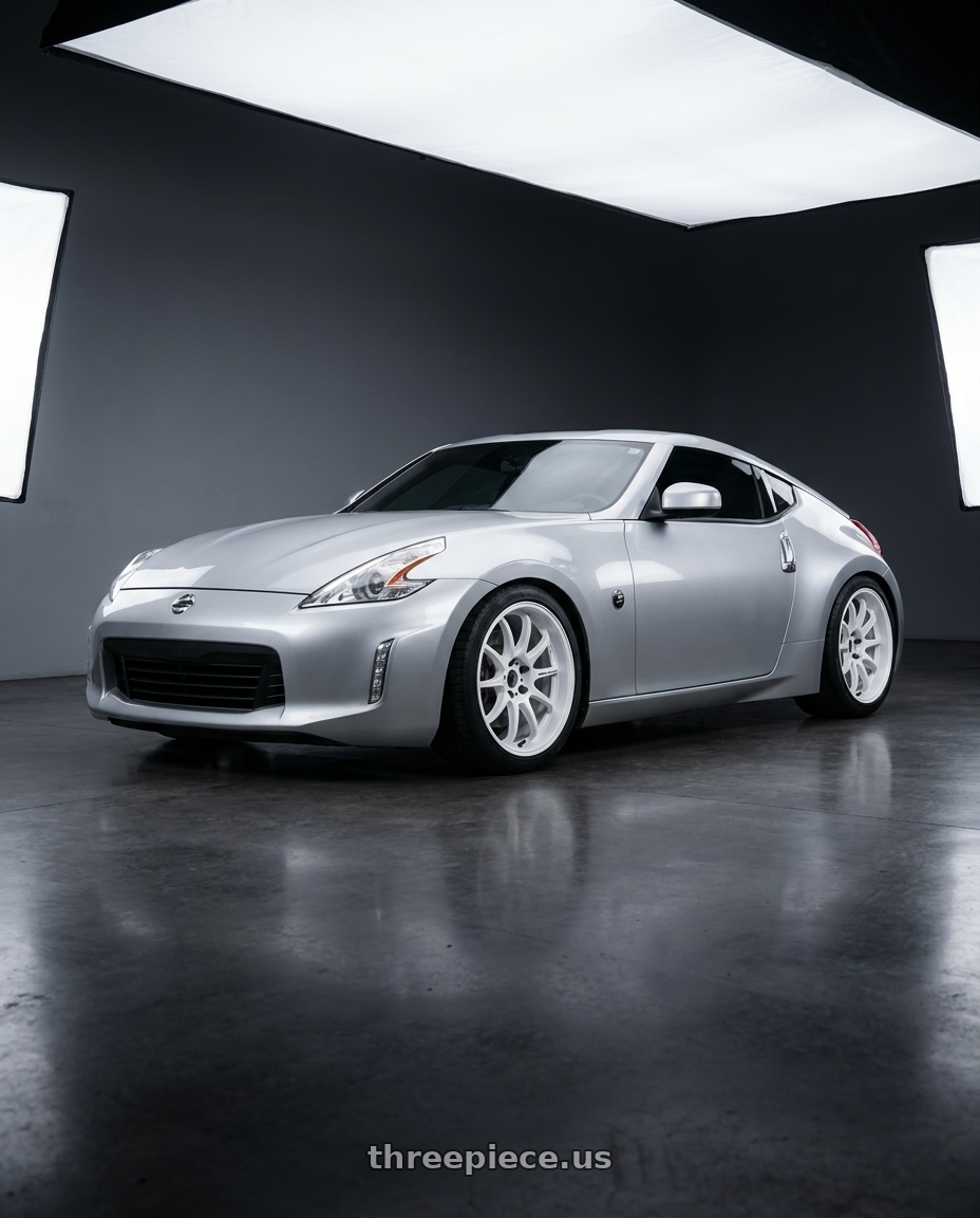 2015 Nissan 370z silver with Work Emotion D9r 5x114.3 19x8.5 +30 White wheels