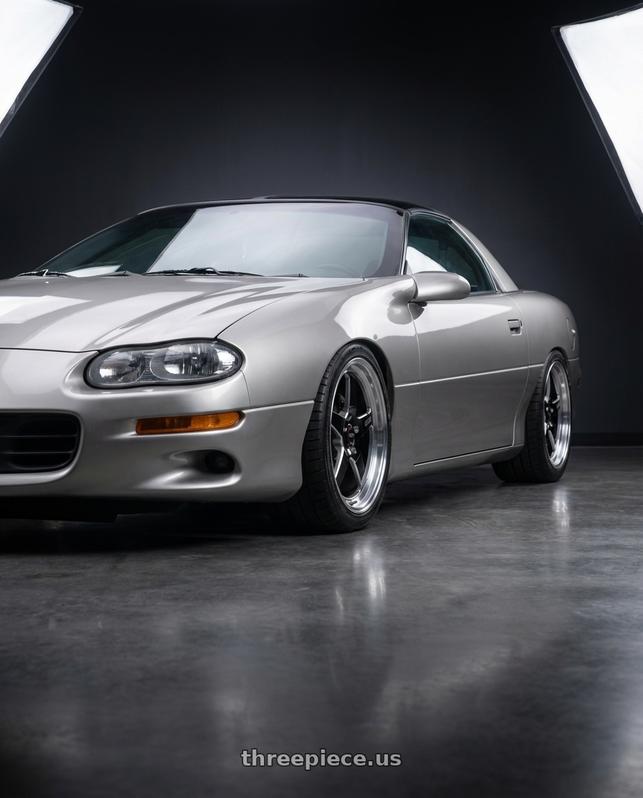 2000 chevrolet camaro with WELD Performance Ventura 5x120.65 18x8 +29 Gloss Black/Milled Diamond Cut Lip wheels front three quarter view slammed stance