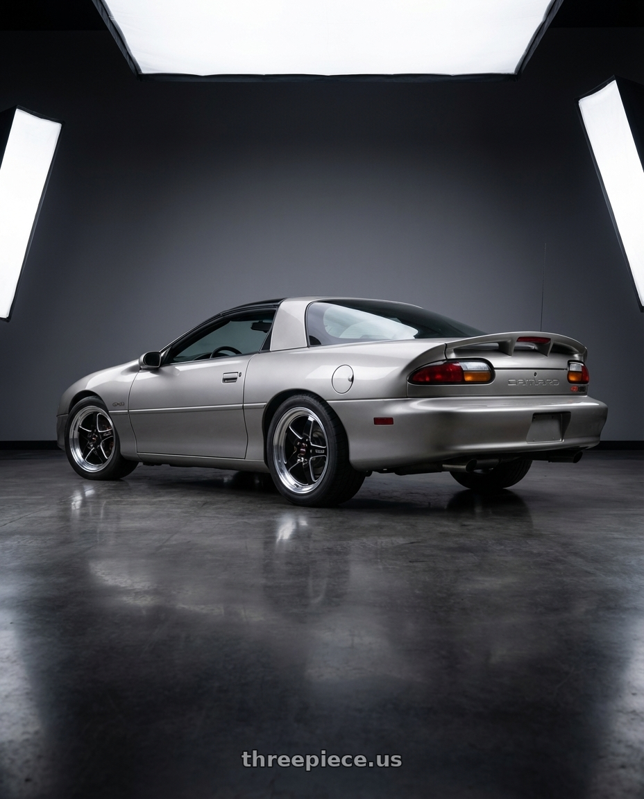 2000 chevrolet camaro with WELD Performance Ventura 5x120.65 18x8 +29 Gloss Black/Milled Diamond Cut Lip wheels rear three quarter view square tires