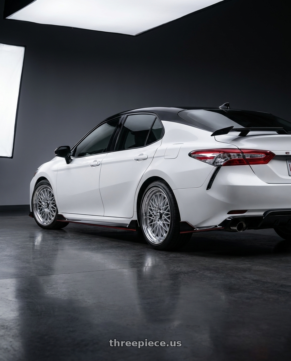 2021 Toyota Camry trd with SSR Formula MESH 5x114.3 18X7.5+43 SL Disk Fm Silver wheels rear three quarter view square tires