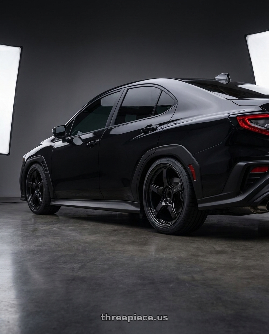 2025 Subaru wrx with dark tinted windows painted crystal black silica with Gram Lights 57CR 5x100 18x9.5+38 Glossy Black wheels rear three quarter view square tires