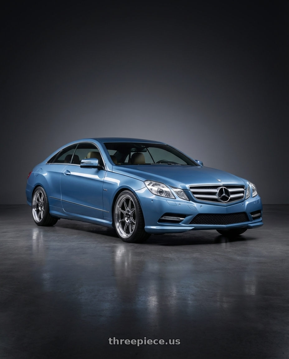 2014 Mercedes-Benz E-Class Coupe C207 with Konig Countergram 5x112 19x8.5+43 Hyper Chrome / Machined Lip wheels front three quarter view lowered stance