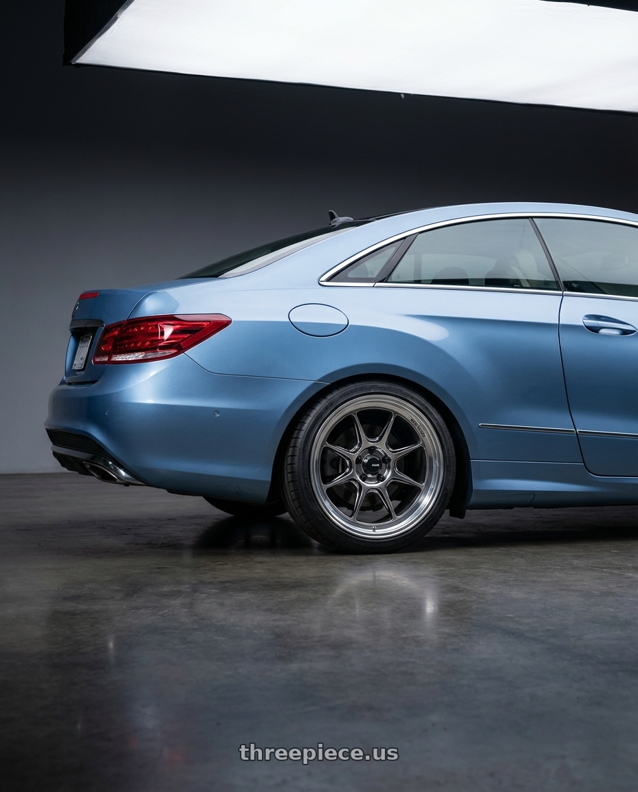 2014 Mercedes-Benz E-Class Coupe C207 with Konig Countergram 5x112 19x8.5+43 Hyper Chrome / Machined Lip wheels rear three quarter view square tires