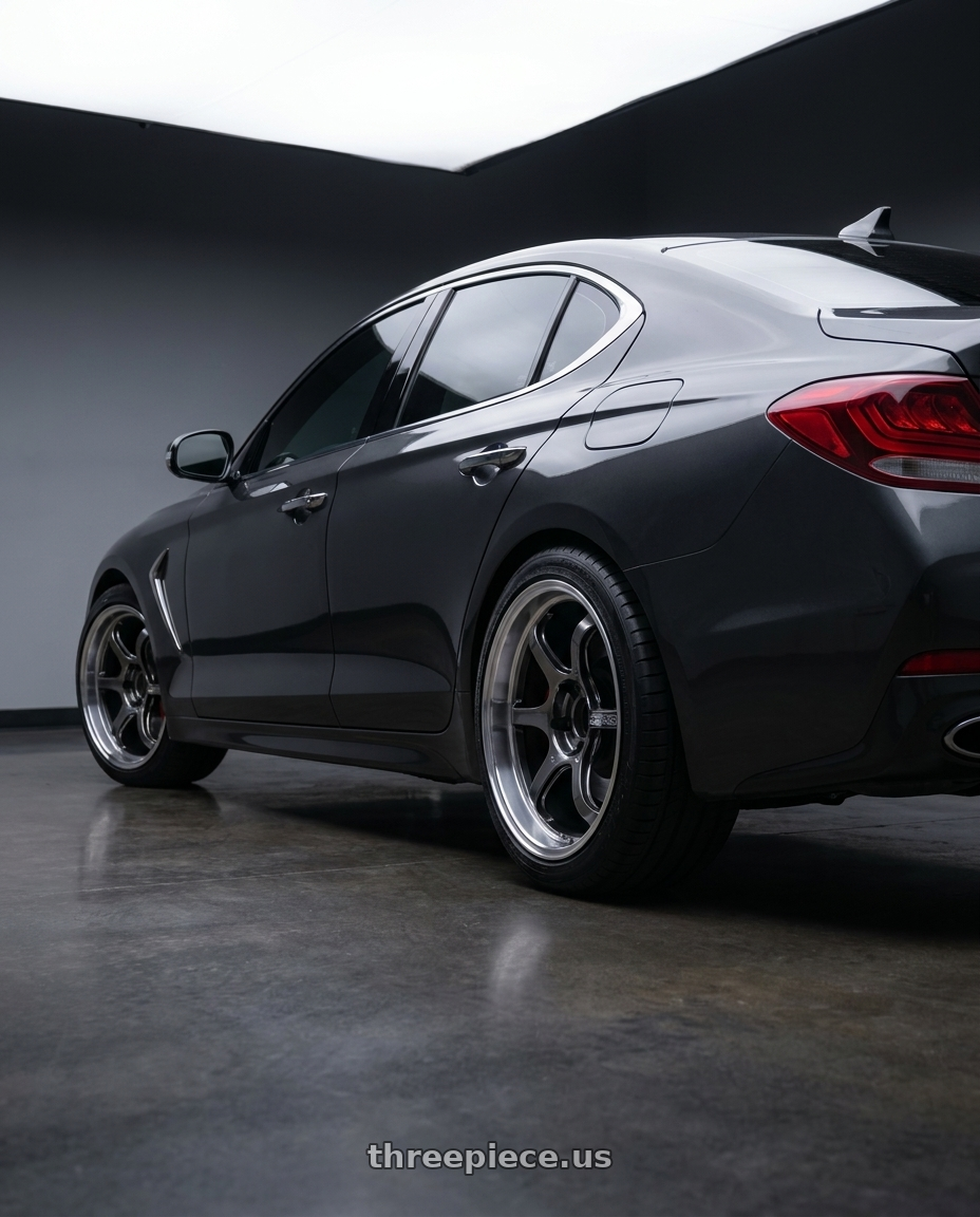 2019 Genesis G70 with Advan Racing R6 5x100 18x8.0 +45 MACHINING & HYPER PLATINUM BLACK wheels rear three quarter view square tires