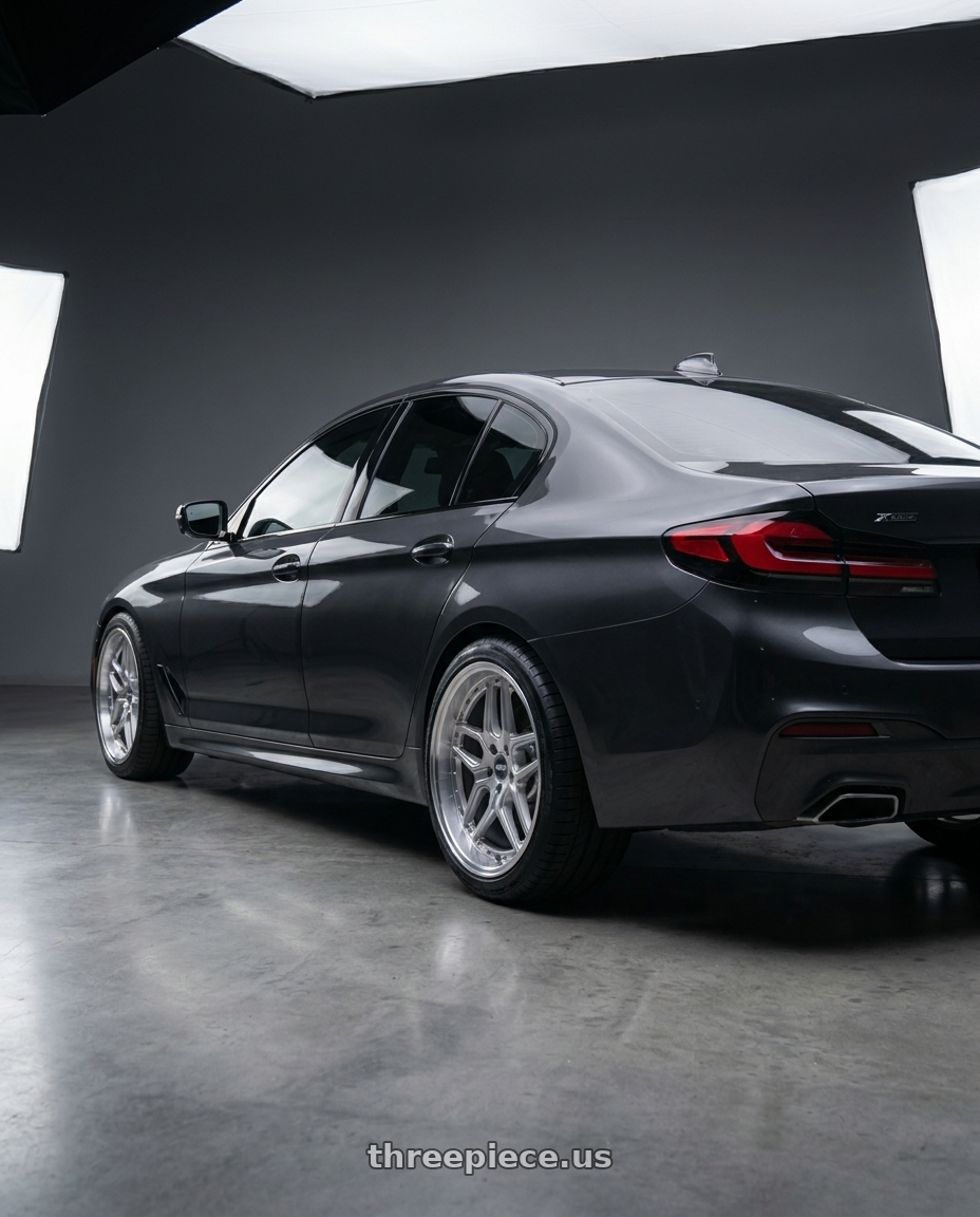 2021 bmw 540i xdrive with ESR Wheels CS SERIES CS15 5x114.3 19x9.5 +35 Hyper Silver wheels rear three quarter view square tires