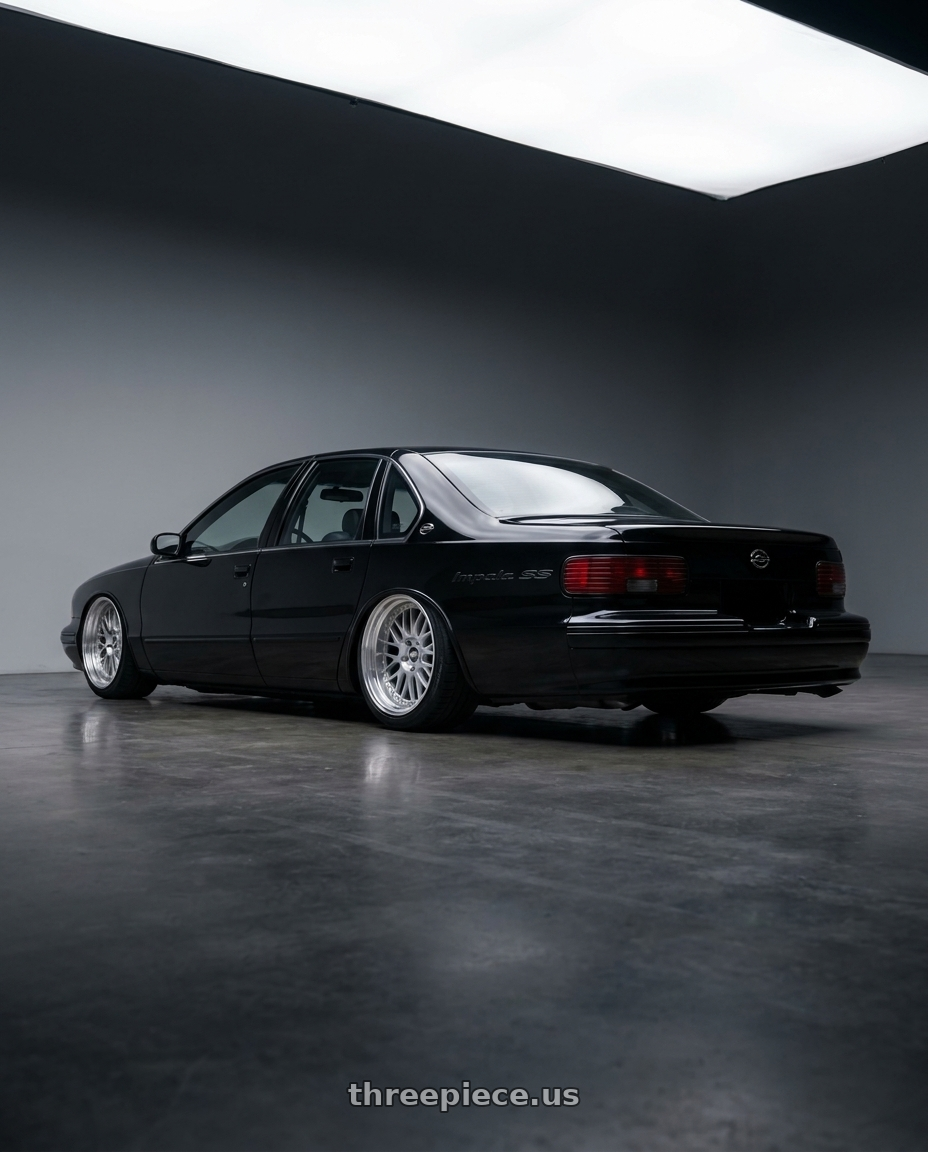 1996 Chevy impala ss with ESR Wheels CS SERIES CS15 5x100 18x10.5 +22 Hyper Silver wheels rear three quarter view slight stretch tires