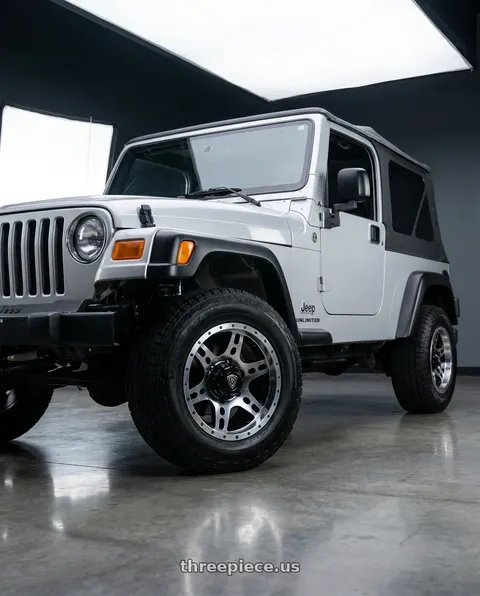 2005 Jeep Wrangler Unlimited with WHITE DIAMOND W2757 5x114.3 15x8-10 BLACK / MACHINED wheels