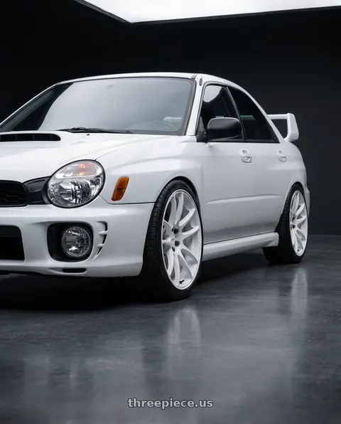 2002 Subaru Impreza RS with WORK Emotion CR Shigoku 5x100 18x9.5 +38 Ice White ICW wheels