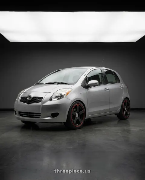 2007 Toyota Yaris with Motegi MR116 FS5 5X112/5X114.3 18X8 +35 MATTE BLACK RED RACING STRIPE wheels
