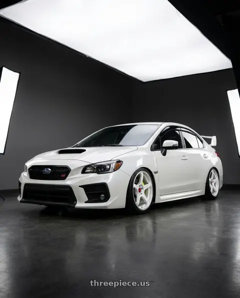2018 Subaru WRX STI with Motegi MR159 BATTLE V 5X114.3 18x9.5 +38 MATSURI WHITE PEARL W/ MACHINED LIP STRIPE wheels