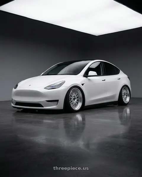 2025 Tesla Model Y with ARC AR1 5x114.3 17x8.5  +35 Silver Machine Face Lip Chrome Rivet wheels