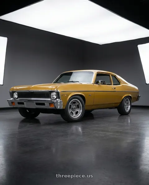 1974 Chevrolet Nova with Vision American-Muscle 148 Shift 5x120.65 15x8+0 Satin Grey Machined Face/Lip wheels