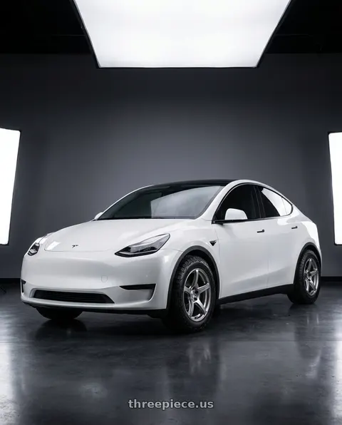 2021 Tesla Model Y with Work Emotion T5r 5x114.3 19x8.5 +45 Glow Silver wheels