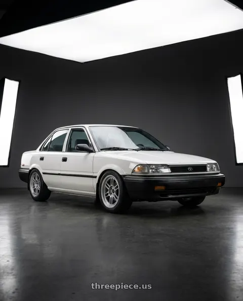1990 Toyota Corolla with Enkei RPF1 4x100 15x7+35 Silver wheels