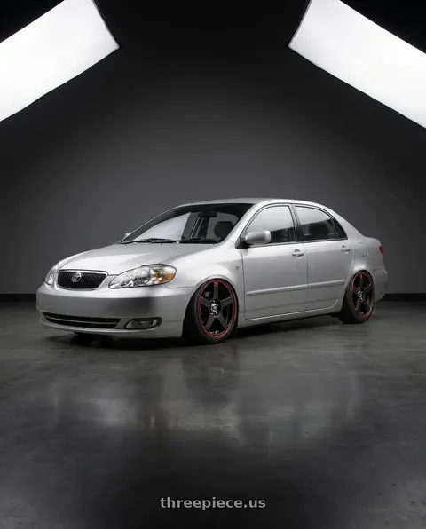 2005 Toyota Corolla with Motegi MR116 FS5 5X100/5X114.3 15X6.5 +40 MATTE BLACK RED RACING STRIPE wheels