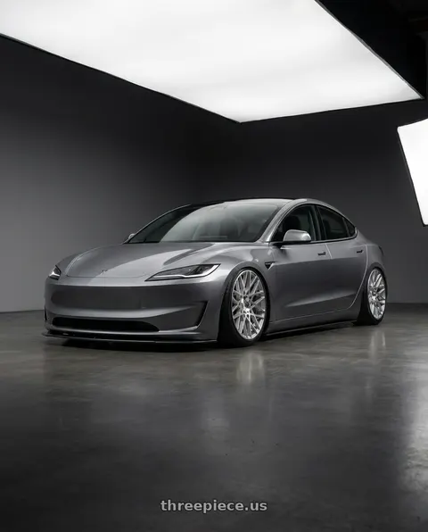 2025 Tesla Model 3 with Rotiform 1PC R110 BLQ 5X112 19X8.5 +35 GLOSS SILVER MACHINED wheels