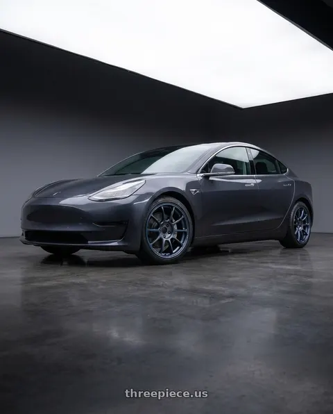 2019 Tesla Model 3 with Volk Racing ZE40 Time Attack III 5x114.3 18x8.5+41 Metallic Blue / Matte Dark Clear LM wheels