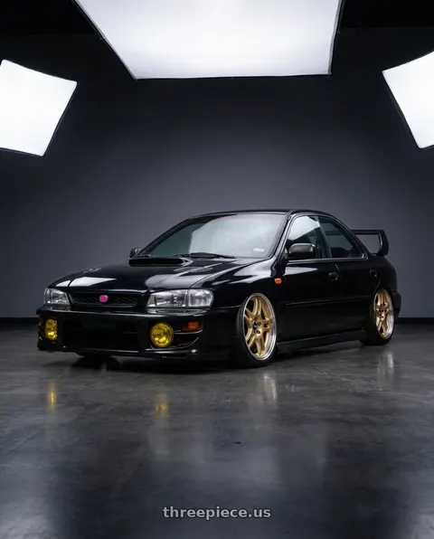 1998 Subaru Impreza with Motegi MR158 TSUBAKI 5X100 18x8.5 +30 MOTORSPORT GOLD W/ MACHINED LIP wheels