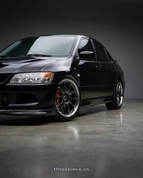 2005 Mitsubishi Lancer Evolution with Work Emotion Zr10 5x114.3 18x9.5 +38 Glim Black Diamond Rim cut wheels