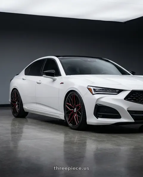 2022 Acura TLX SH-AWD with Shift Spring 5x120 20x8.5 +35 Gloss Black Candy Red Milled wheels