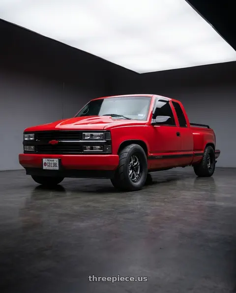 1997 Chevrolet C1500 Silverado with Vision American-Muscle 149 Patriot 5x127 17x4.5-24 Gloss Black Milled Spoke wheels