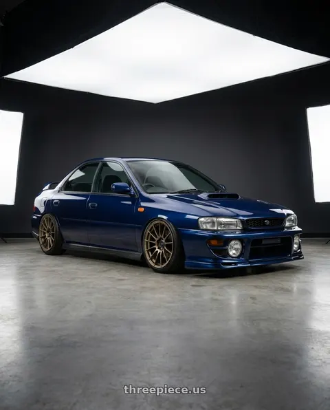 1998 Subaru Impreza with Enkei RS05-RR 5x112 18x9+25 Titanium Gold wheels