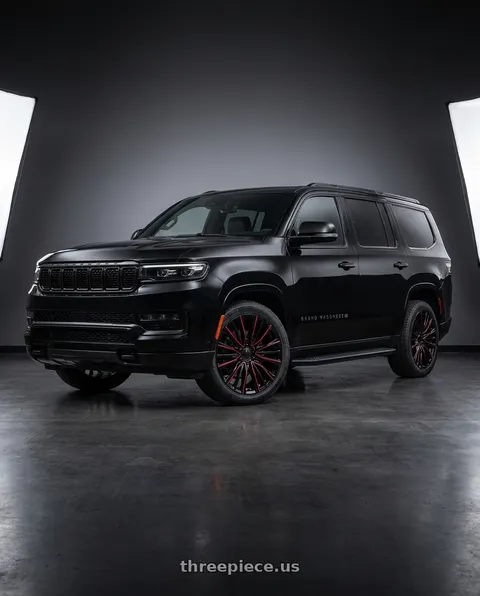 2026 Jeep Grand Wagoneer L with Performance Replicas PR223 6X139.7 22x9 +28 Gloss Black Milled Red wheels