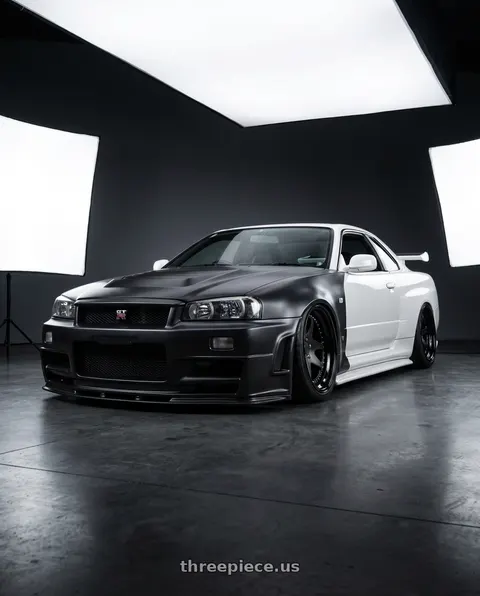 2002 Nissan Skyline R34 GTR with Rotiform 854 5x110 19x9 +34 MATTE BLACK wheels