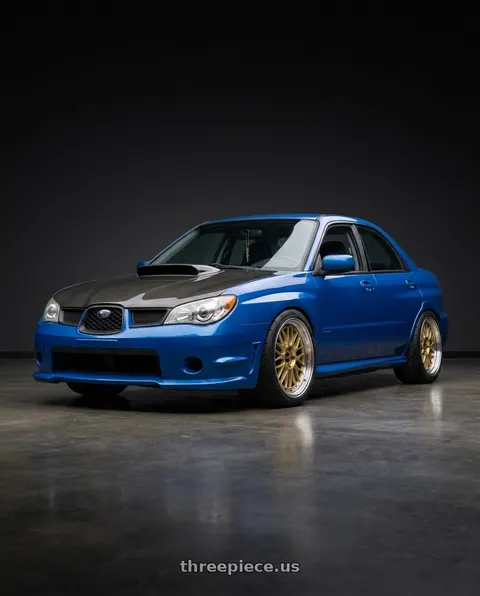 2007 Subaru Impreza with BBS LM 5x114.3 18x9.5 +38 Gold Center Diamond Cut Lip wheels