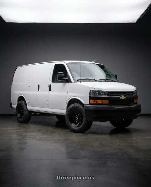 2018 Chevy Express van white with Vision HD 85H 8x165.1 16x7+0 Gloss Black wheels