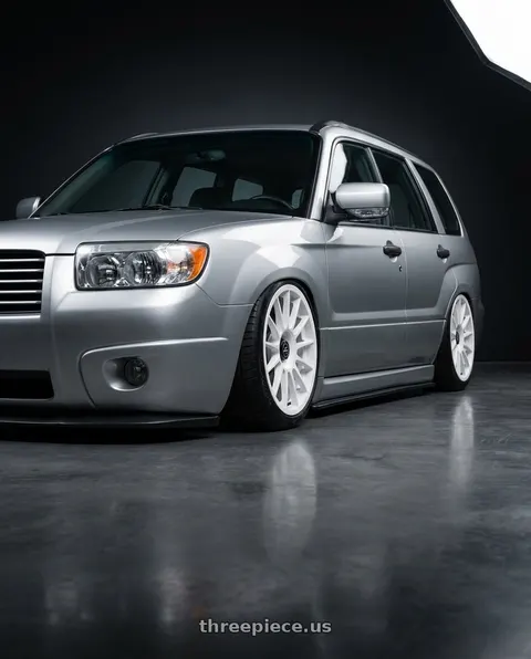 2006 Subaru Forester with fifteen52 PODIUM 5x112 / 5x120 18x8.5 +35 RALLY WHITE (GLOSS WHITE) wheels