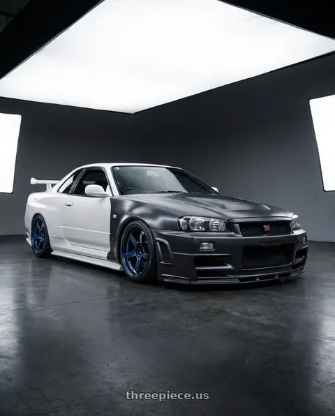 2002 Nissan Skyline R34 GTR with Advan Racing GT for PORSCHE 5x130 21x11.0 +60 RACING TITANIUM BLUE & RING wheels