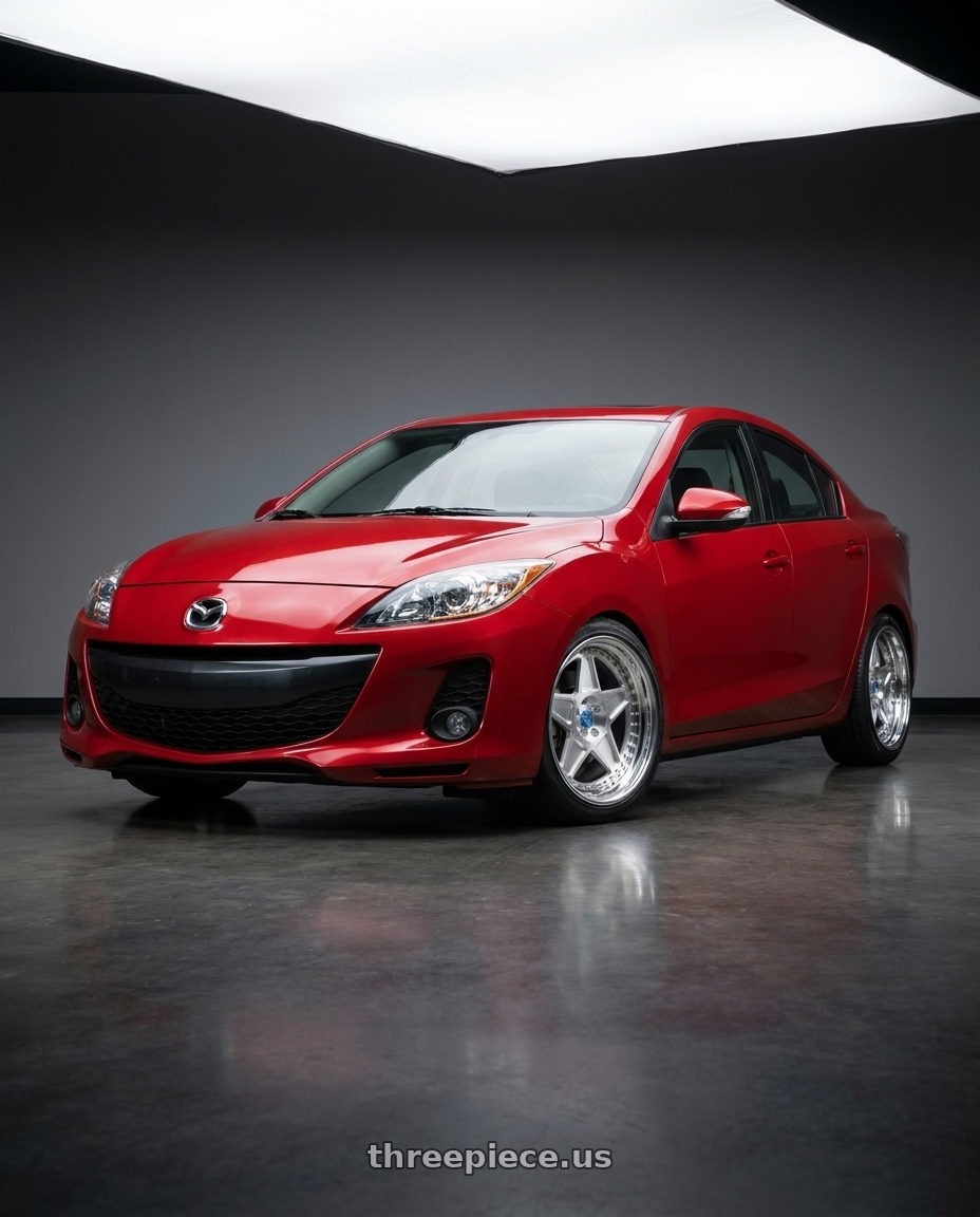 2013 Mazda 3 with Modern Concepts MC-13 5x114.3 18x8.5 +30 Brushed Face Chrome Lips wheels front three quarter view lowered stance